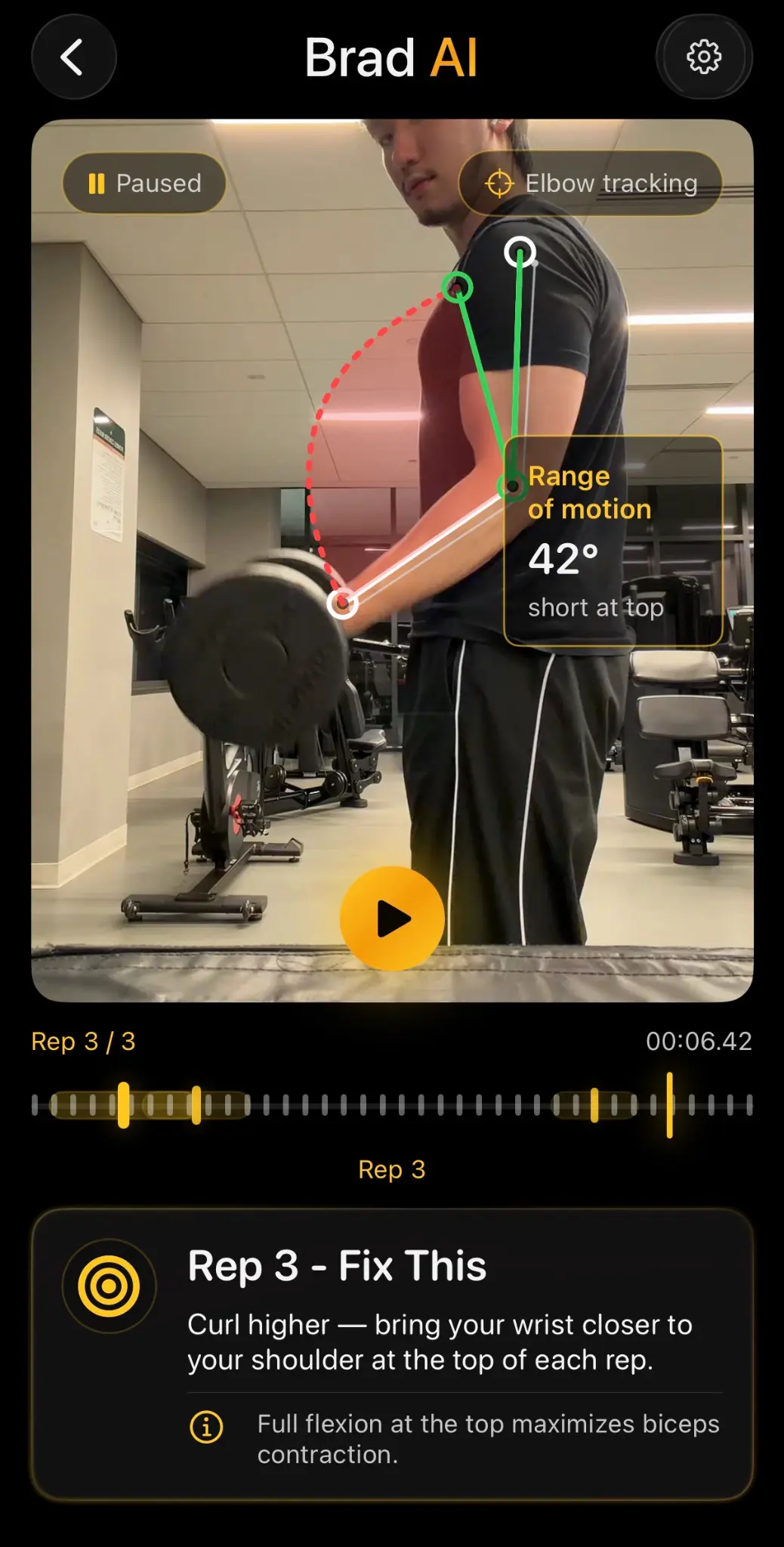 Brad AI — Rep 3 analysis: Range of motion 42°, short at top